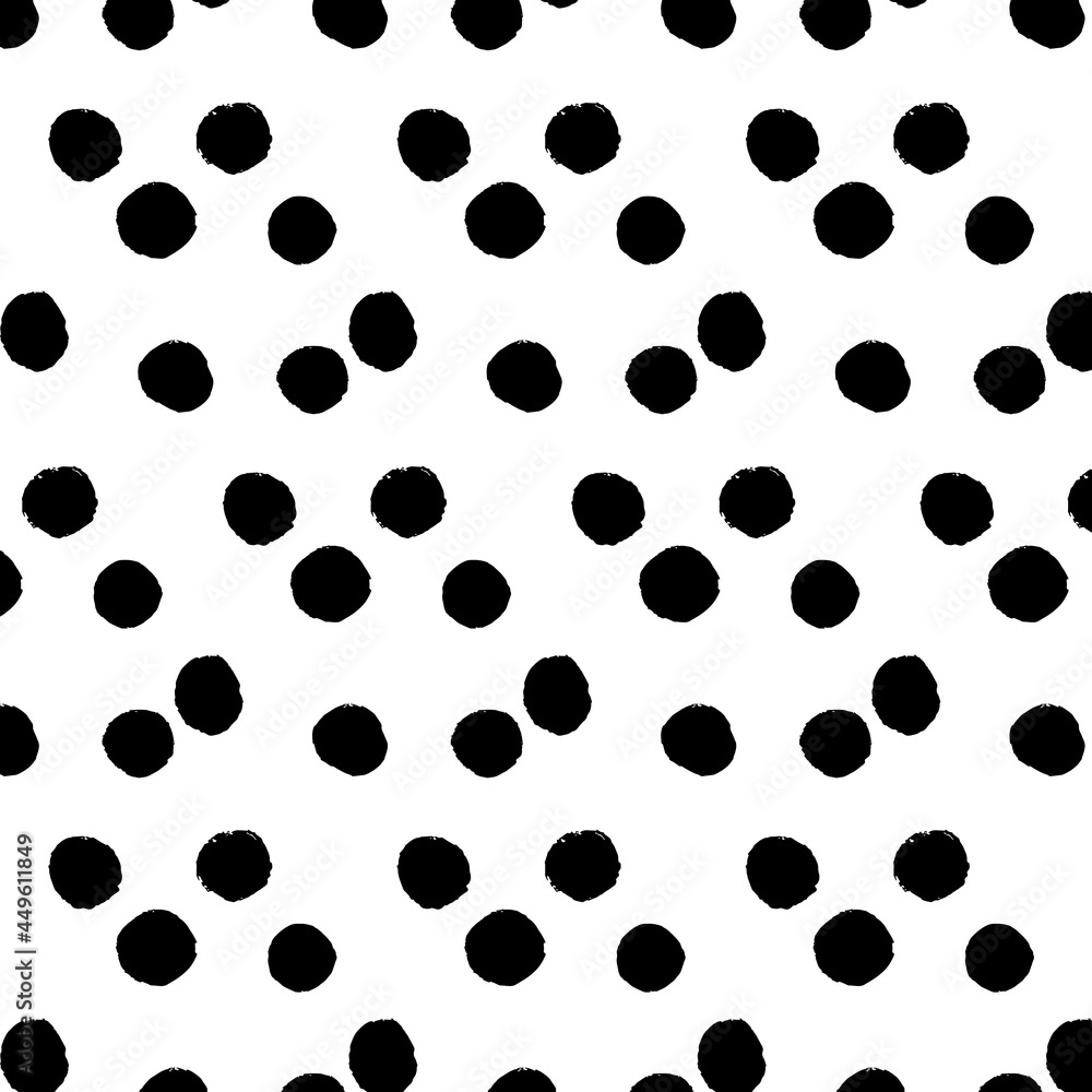 Vector pattern of round spots. Black on a white background. Calligraphic style. Brush strokes. Doodle. Hand drawing
