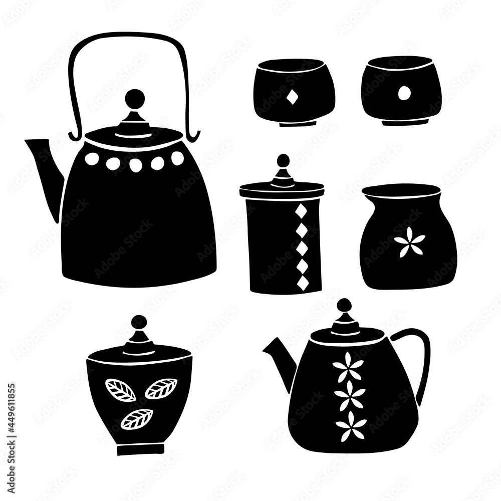 Vector set of images of items for oriental tea drinking. Teapots, cups. Black with white pattern on a white background. Isolated. Minimalism. Hand drawing Vector set of images of items for oriental tea drinking. Teapots, cups. Black with white pattern on a white background. Isolated. Minimalism. Hand drawing