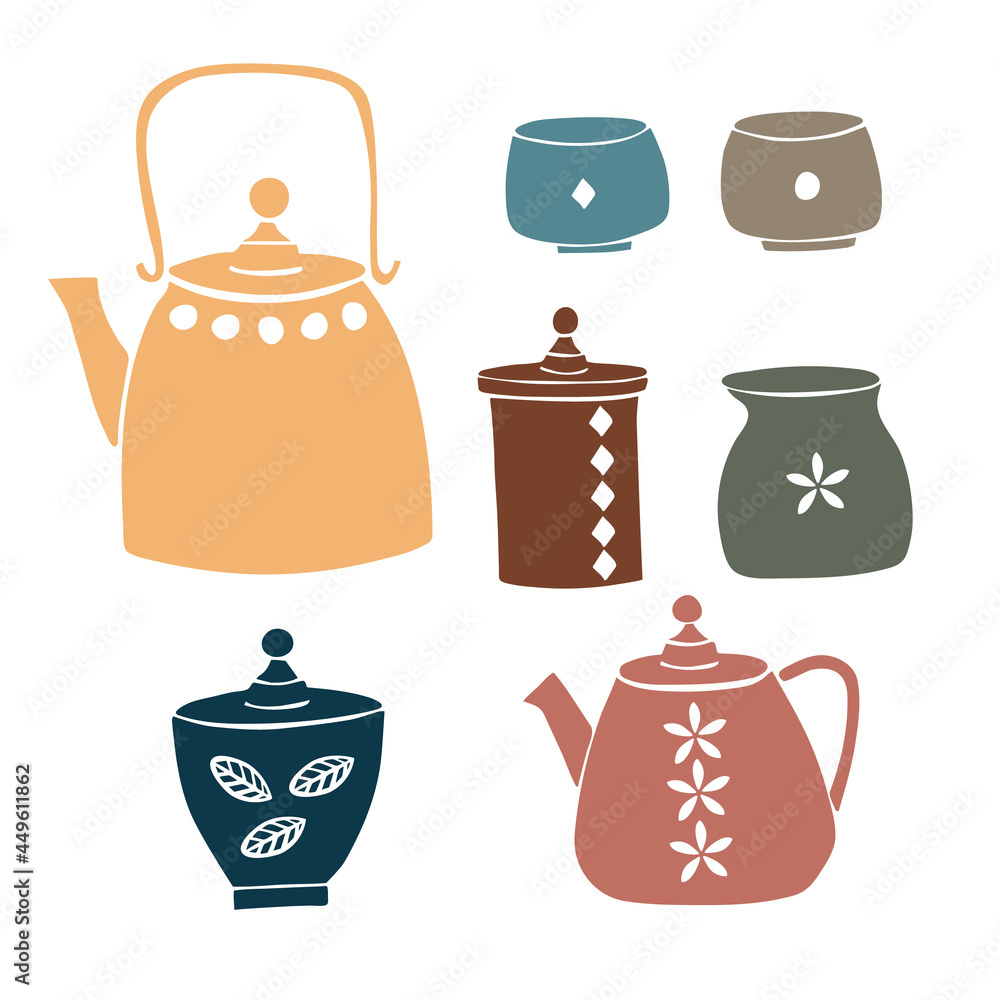Vector set of images of items for oriental tea drinking. Teapots, cups. Colored with a white pattern on a white background. Isolated. Minimalism. Hand drawing