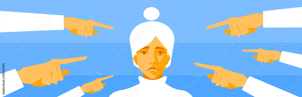 Woman surrounded by index fingers concept of blaming depressed and bullying, flat vector illustration Woman surrounded by index fingers concept of blaming depressed and bullying, flat vector illustration
