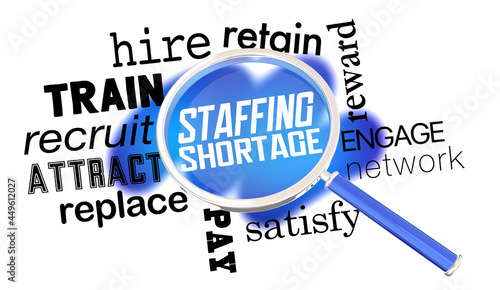 Foto Staffing Shortages Find New Employees Workers Fill Jobs Magnifying Glass 3d Illu