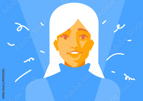 Woman surprised happy smiling face, flat vector illustration