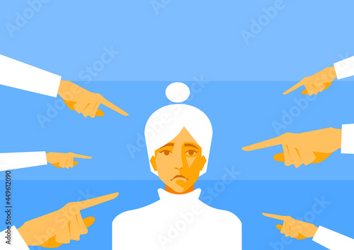 Woman surrounded by index fingers concept of blaming depressed and bullying, flat vector illustration