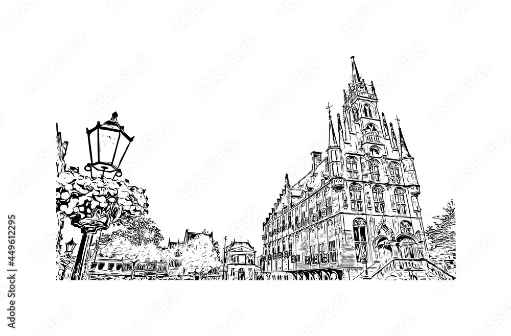 Building view with landmark of Gouda is the 
city in the Netherlands. Hand drawn sketch illustration in vector.