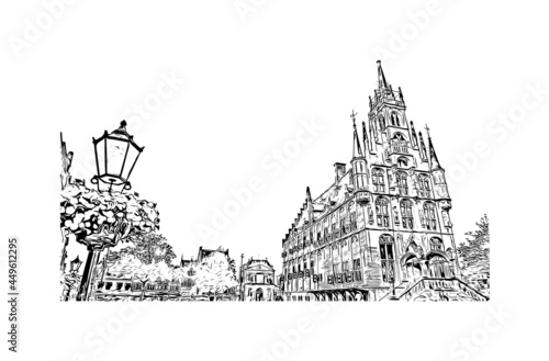 Building view with landmark of Gouda is the 
city in the Netherlands. Hand drawn sketch illustration in vector.