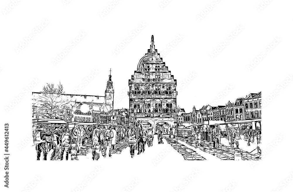 Building view with landmark of Gouda is the 
city in the Netherlands. Hand drawn sketch illustration in vector.
