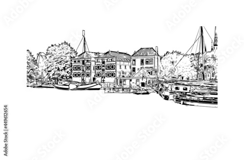 Building view with landmark of Gouda is the 
city in the Netherlands. Hand drawn sketch illustration in vector.
