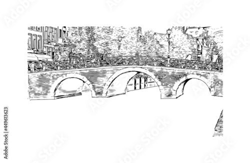 Building view with landmark of Gouda is the 
city in the Netherlands. Hand drawn sketch illustration in vector.