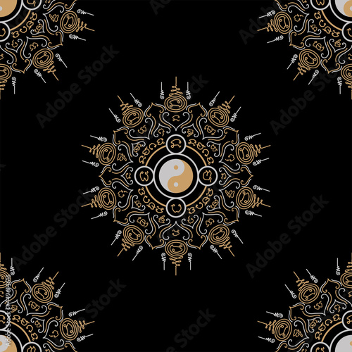 Vector seamless pattern of Asian and Buddhism believes of ancient traditional oriental talismans applied in a circular. Meaning of luck, prevent danger, progress in life, and respect of Buddhists.