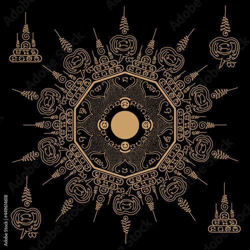 Vector illustration of Asian and Buddhism believes of ancient traditional oriental talismans applied in a circular pattern. Meaning of luck, prevent danger, progress in life, and respect of Buddhists.