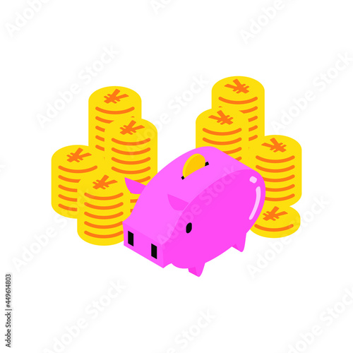 ブタの貯金箱　アイソメトリック　お金