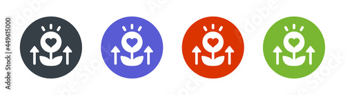 Growing flower with heart icon, symbol of self improvement, happiness icon