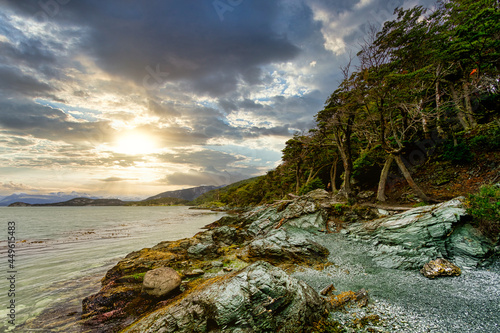 Lapataia Bay in Tierra del Fuego National Park during sunset in Ushuaia, Argentina
