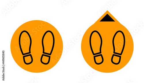 Set of Round Wait Here and Keep Your Distance Social Distancing Floor Marking Sticker Icons with Shoe Print or Footstep Signs. Vector Image.