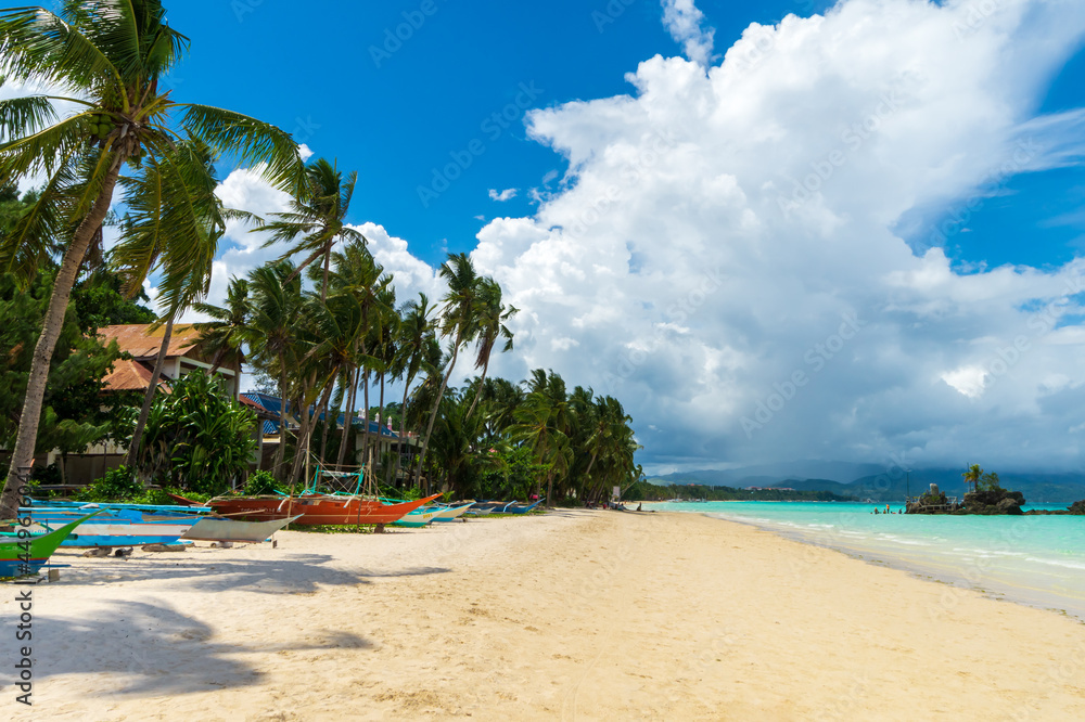 Pristine White beach in Boracay Island, Philippines.  Travel and nature.