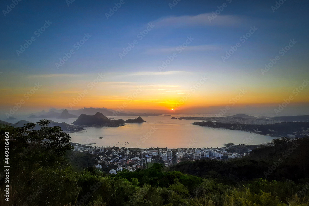 Sunset with a beautiful view of the tourist city of Rio de Janeiro, Brazil.