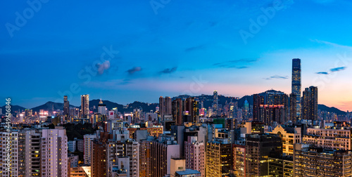 Hong Kong   China - July 2017  Ultra wide image of Hong Kong cityscape at dusk.