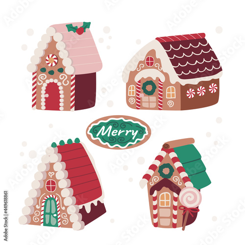 Merry christmas cute gingerbread house vector illustration for holiday fabric, linen, textiles and wallpaper