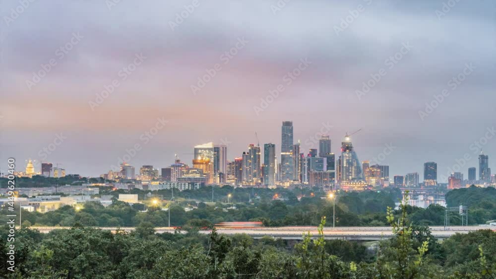 Night to Day Time Lapse of Downtown Austin Skyline with Highway in the Foreground Night to Day Time Lapse of Downtown Austin Skyline with Highway in the Foreground