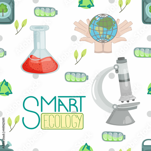 Seamless pattern about ecology, green science, saving our planet with the image of a microscope, a retort and a globe. Vector illustration in cartoon flat style for backgrounds, wallpapers