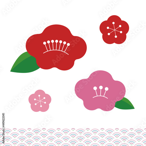 シンプルな梅の花と和柄。カラーのベクターイラスト。お正月の縁起の良い花たちと和柄。白背景。