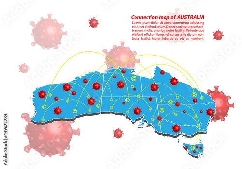 Vector of map connection of australia with Covid-19 Virus image on it, the COVID-19 outbreak spread. the official name by WHO for 2019 Corona Virus that originally came from Wuhan, China.