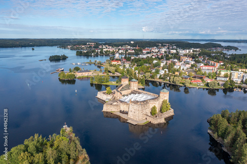 Aerial drone view of the historical stone castle Olavinlinna in Savonlinna, Finland.