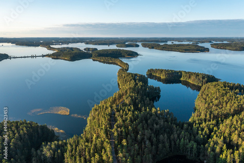 Beautiful aerial panorama of the Saimaa lake areas and boreal forests in Finland