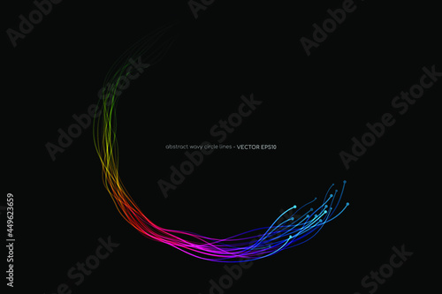 Abstract wavy dynamic spectrum light lines circle swirl round frame isolated on black background in concept technology, neural network, neurology, science, music.