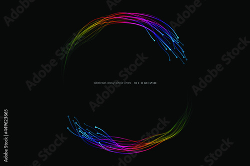 Abstract wavy dynamic spectrum light lines circle swirl round frame isolated on black background in concept technology, neural network, neurology, science, music.