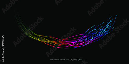 Abstract wavy dynamic spectrum light lines circle swirl round frame isolated on black background in concept technology, neural network, neurology, science, music.