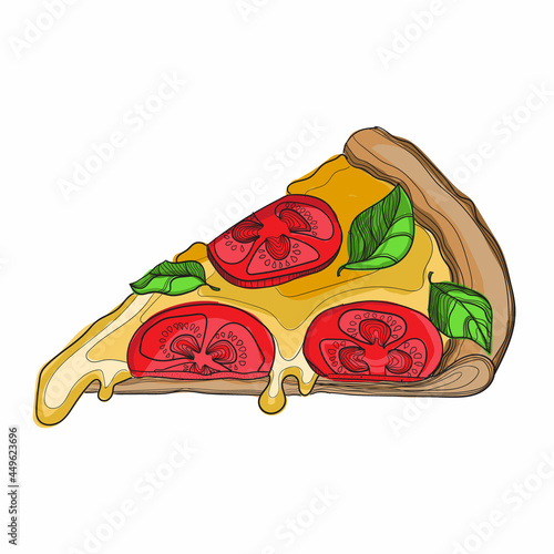 Hand-drawn slice of pizza on a white background. Vector illustration.
