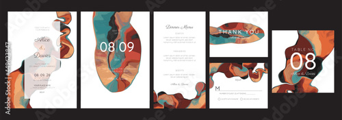 Set of Wedding Invitation, floral invite, thank you, rsvp rustic card design with gold foil decoration. Vector elegant modern template, trendy cover, graphic poster, retro brochure, design template