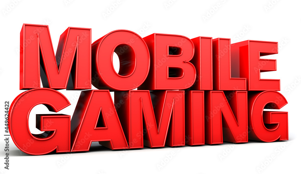 Mobile gaming word made from red isolated on white background. 3d illustration. Mobile gaming word made from red isolated on white background. 3d illustration.