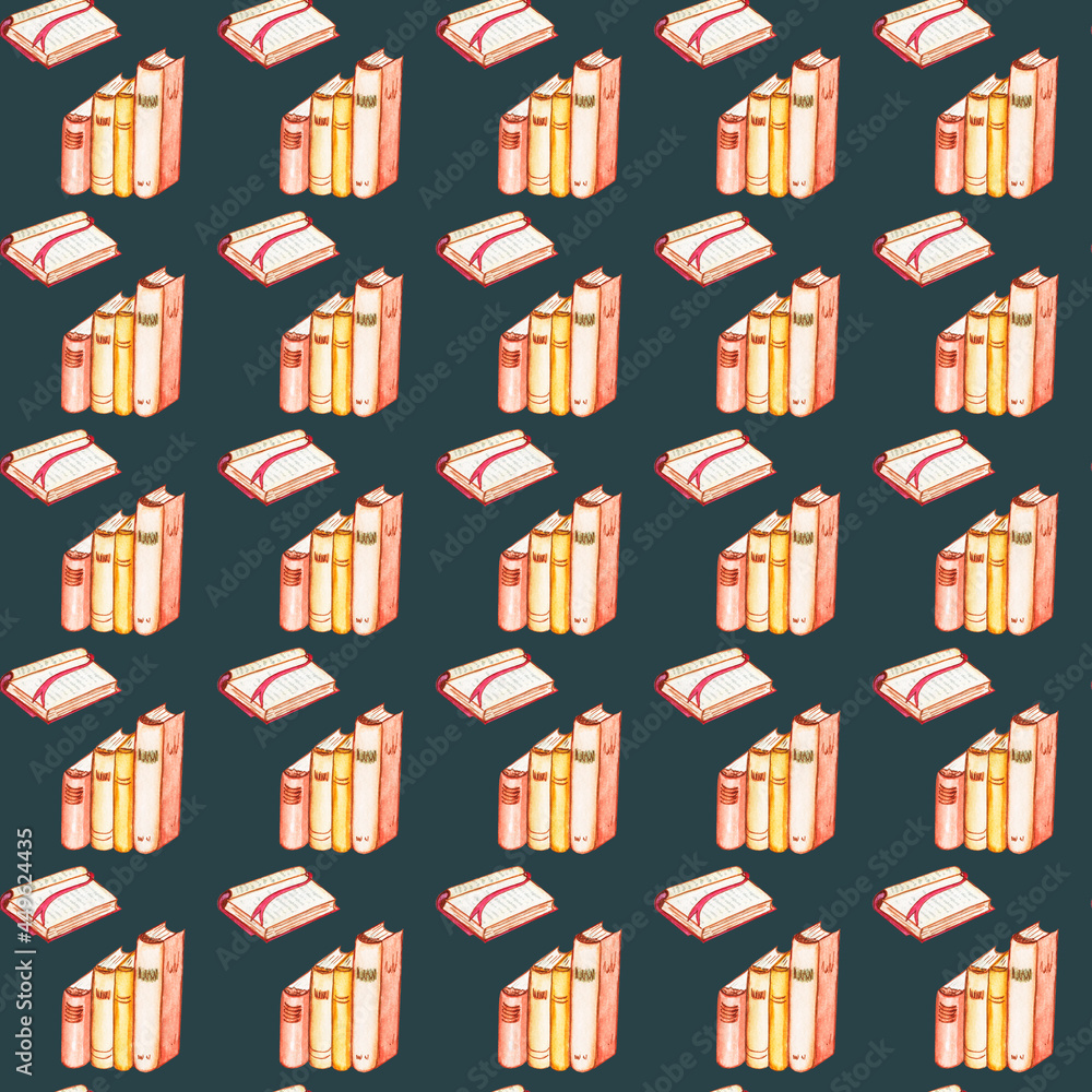 Seamless watercolor patterns . School books. Back to school. Paper with a drawing of books. Retro books in a stack. Open Book seamless pattern.