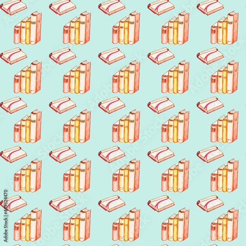 Seamless watercolor patterns . School books. Back to school. Paper with a drawing of books. Retro books in a stack. Open Book seamless pattern.