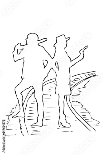 Vector Sketch Outline of Couple Cowboy Hold a Weapon at Train Way