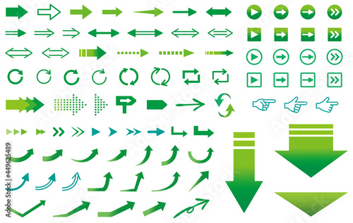 様々なデザインの矢印アイコンセット　緑　Arrow icon button