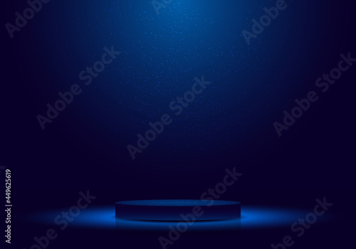 3D realistic dark blue podium with lighting and glitter minimal scene