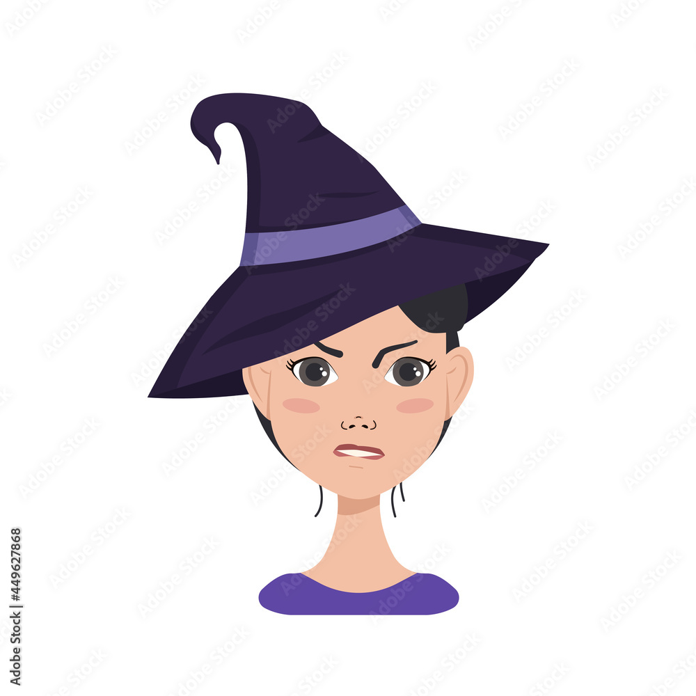 Avatar of asian woman with dark hair, angry emotions, furious face and pursed lips, wearing a witch hat. Halloween character in costume