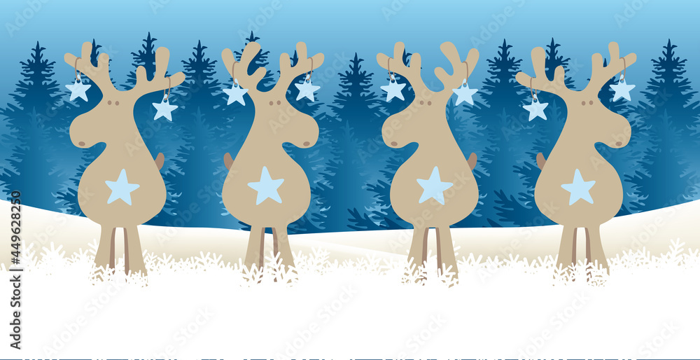 Lustige Rentiere - wer wie wo was? Weihnachten Cartoon in Schneelandschaft mit blauem Tannenwald - obrazy, fototapety, plakaty 