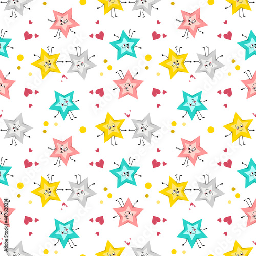 Cute seamless pattern with enamoured stars with happy faces, joyful eyes, arms and legs. Print with characters, couple with hearts