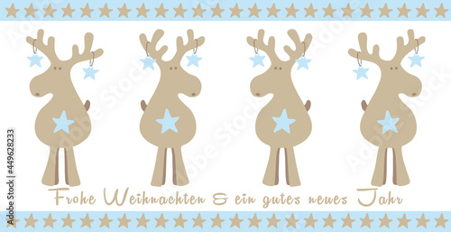 Weihnachtskarte skandinavisch mit vier Rentieren und Bordüre aus Sternen