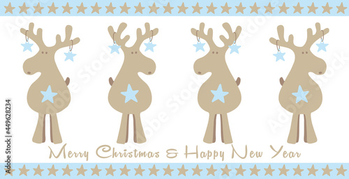 christmas card reindeers group, cartoon illustration with border of stars, isolated and with christmas greetings