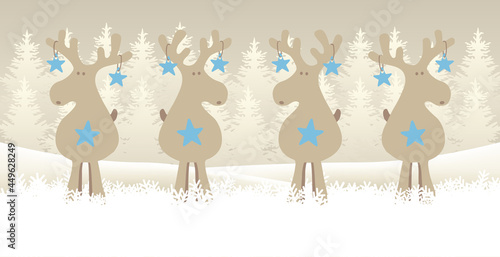 Weihnachten Rentiere Team Polzei mit Sternen im Schnee und Tannenwald Weihnachtskarte Cartoon