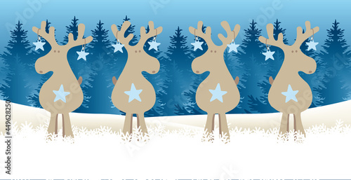 Lustige Rentiere - wer wie wo was? Weihnachten Cartoon in Schneelandschaft mit blauem Tannenwald