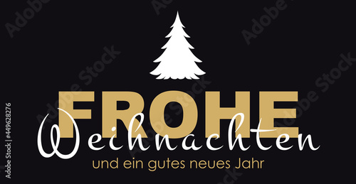 Schriftzug Frohe Weihnachten gold mit weißem Tannenbaum, luxuriös, kalligrafie, filigran