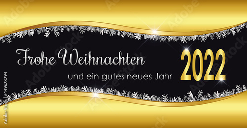 Weihnachtskarte 2022 gold silber luxus design mit Text Frohe Weihnachten und ein gutes neues Jahr 2022