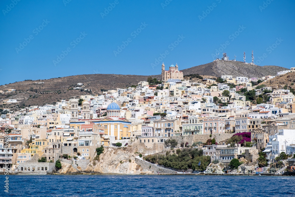 Syros island, Cyclades, Greece. Panoramic view of Siros or Syra town background.