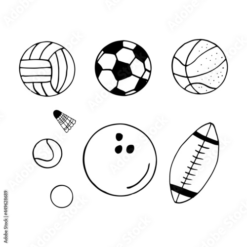 balls set. hand drawn doodle icon. vector, scandinavian, nordic, minimalism, monochrome. sports equipment, game, football, basketball, volleyball, baseball, bowling, tennis, rugby.